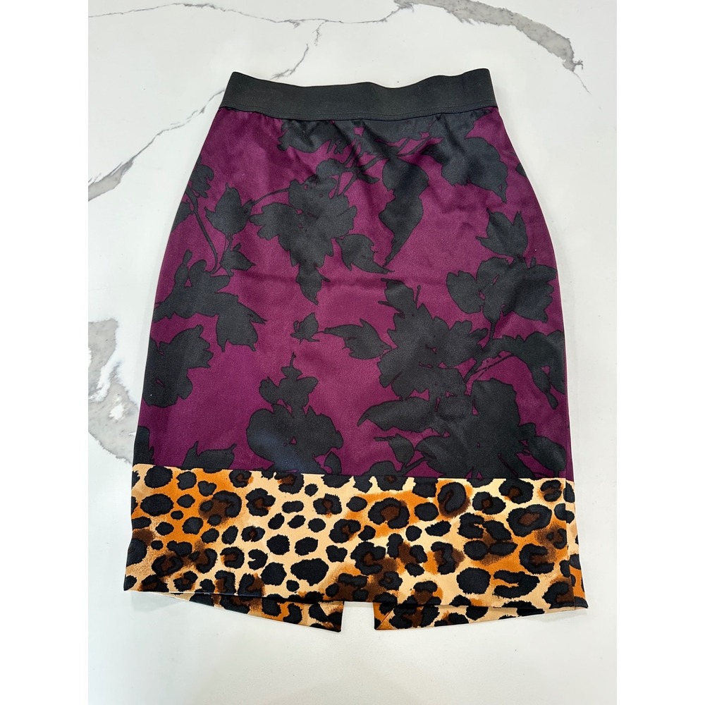 Express‎ Mixed Floral Leopard Print Pencil Skirt Purple Animal Border Size 00